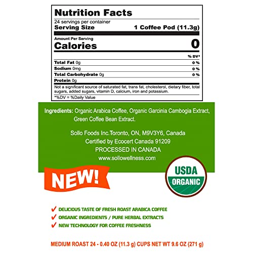 SOLLO Infused Organic Medium Roast Slimlly Low Acid Coffee, Sing...