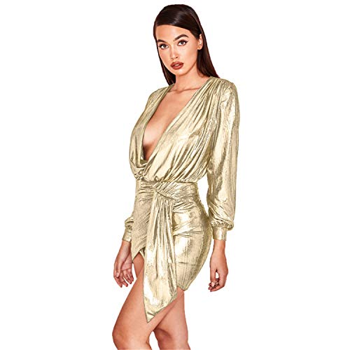 Soluo Womens Sexy Deep V Neck Metallic Glitter Ruched Long Sleev