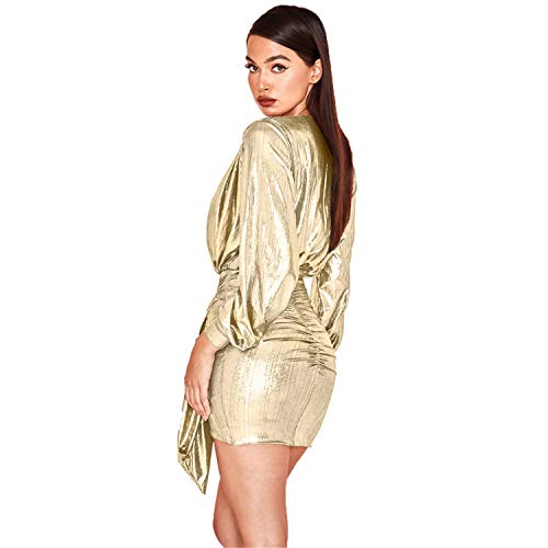 Soluo Womens Sexy Deep V Neck Metallic Glitter Ruched Long Sleev