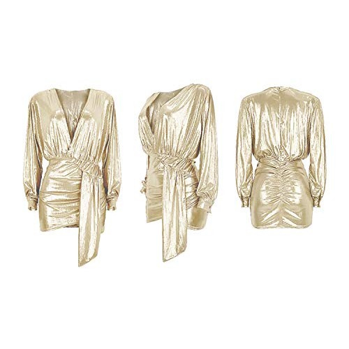 Soluo Womens Sexy Deep V Neck Metallic Glitter Ruched Long Sleev
