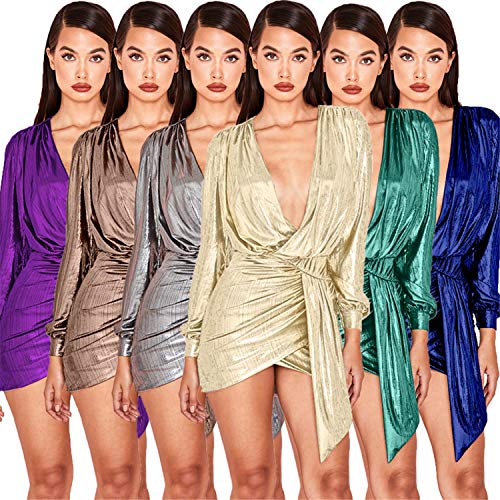 Soluo Womens Sexy Deep V Neck Metallic Glitter Ruched Long Sleev