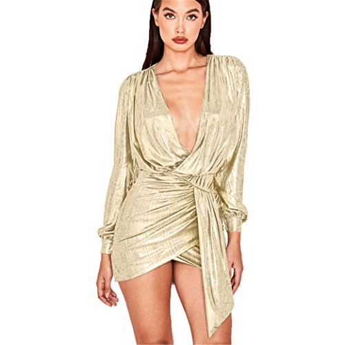 Soluo Womens Sexy Deep V Neck Metallic Glitter Ruched Long Sleev