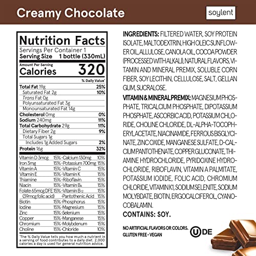 Soylent Creamy Chocolate Meal Replacement Shake, Contains 16g Co...