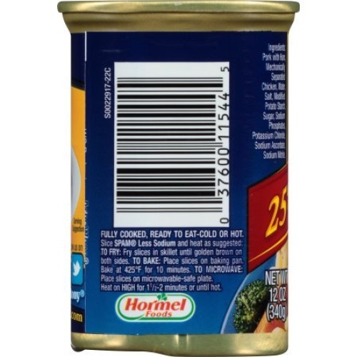 Spam Luncheon Meat Can, 25% Less Sodium, 12 Ounce 4 Count