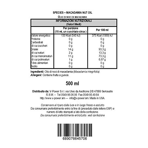 Species Nutrition Macadamia Nut Oil, 500-Mililiter Glass Bottle