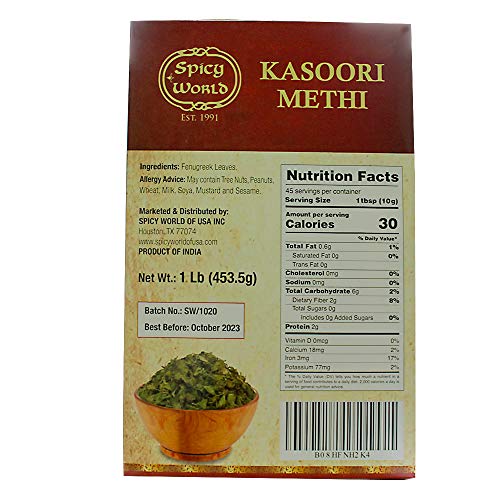 Spicy World Kasoori Methi 1 Lb Bulk Pack - Fenugreek Leaves Drie