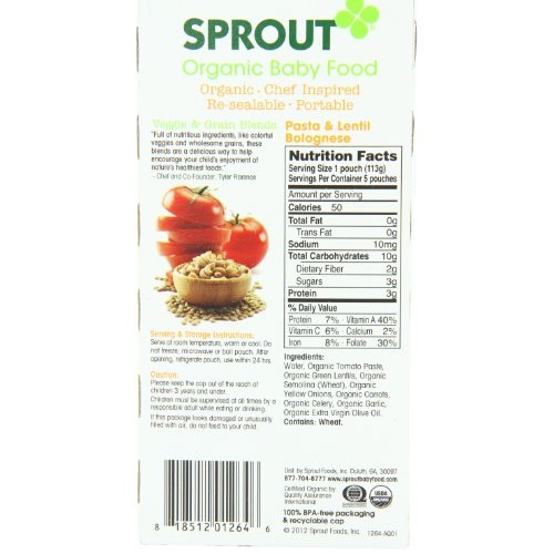 Sprout Intermediate Organic Baby Food, Pasta And Lentil Bolognes