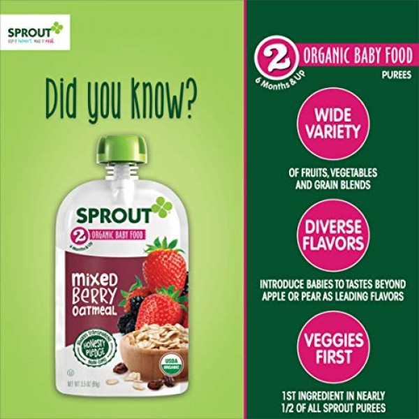 Sprout Organic Stage 2 Baby Food Pouches, Mixed Berry Oatmeal, 3