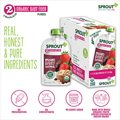 Sprout Organic Stage 2 Baby Food Pouches, Mixed Berry Oatmeal, 3