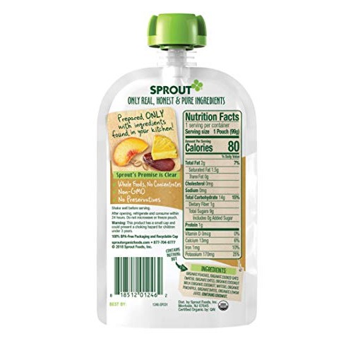 Sprout Organic Stage 2 Baby Food Pouches, Peach Oatmeal W/ Cocon