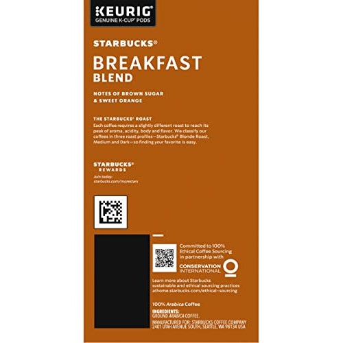 Starbucks Coffee K-Cup Pods, Breakfast Blend, Medium Roast Coffe