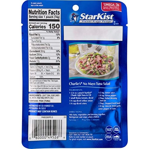 Starkist Chunk Light Tuna In Sunflower Oil, 2.6 Oz Pouch Pack O