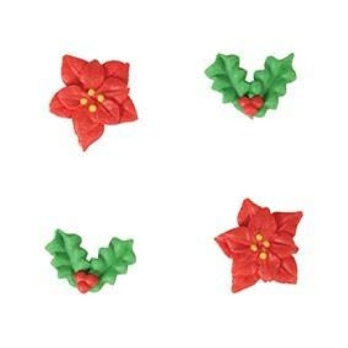Christmas Holly &Amp; Poinsettia Sugar Toppers - 20 Pack