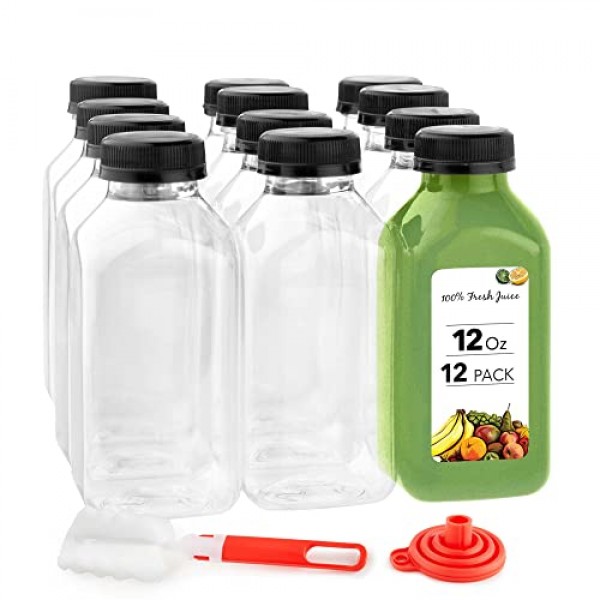 12 oz Juice Bottles with Caps for Juicing 12 Pack - Reusable Clear Empty Plastic