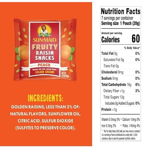 Sun-Maid Peach Fruity Raisin Snacks - 56 Pack 0.7 oz Pouches -...