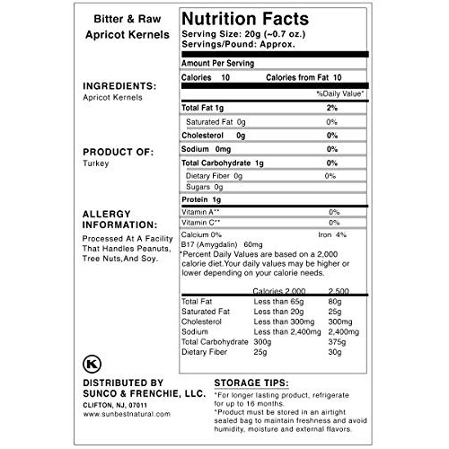 Sunbest Natural Organic Bitter Raw Apricot Kernels No Shell, R