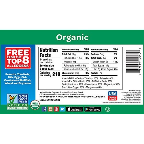 Sunbutter Organic Sunflower Butter Single Ingredient, 16 Ounce,