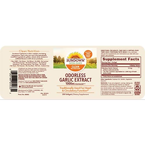 Sundown Garlic 1000 Mg, 250 Odorless Softgels Packaging May Vary