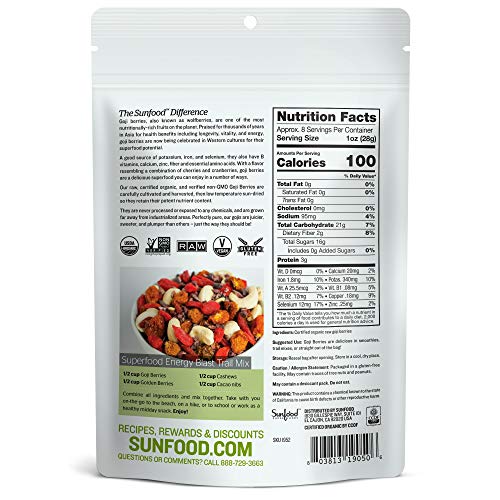 Sunfood Superfoods Goji Berries, Raw Organic. 8 Oz Bag