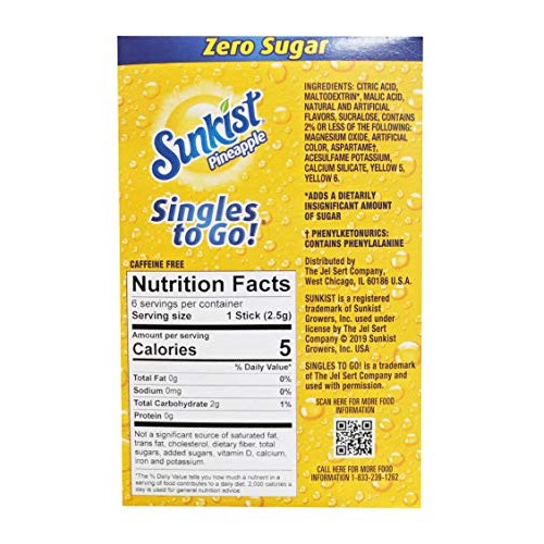 Sunkist Soda Singles-To-Go Zero Sugar Drink Mix, Pineapple, 6 Ct