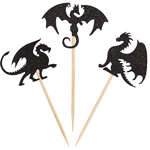 24Pcs Black Glitter Dragons Set Cupcake Toppers Theme Party Cake