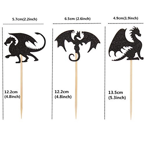 24Pcs Black Glitter Dragons Set Cupcake Toppers Theme Party Cake