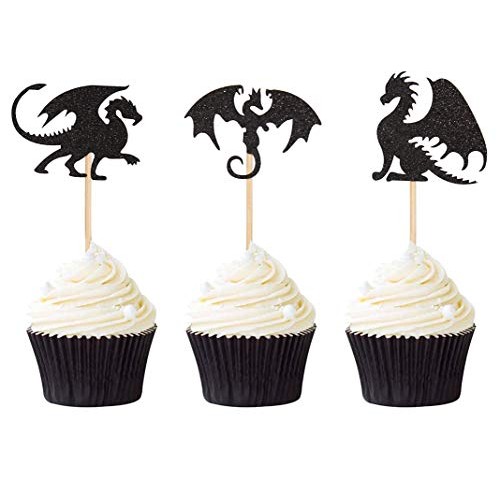 24Pcs Black Glitter Dragons Set Cupcake Toppers Theme Party Cake