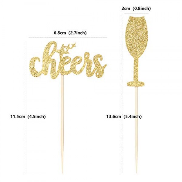 Pack of 24 Gold Glitter Cheers Cupcake Toppers Wine Glass Cupcak...