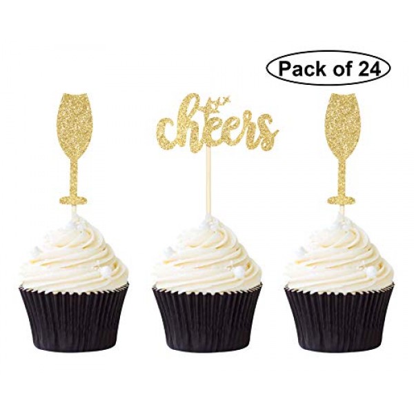 Pack Of 24 Gold Glitter Cheers Cupcake Toppers Wine Glass Cupcak