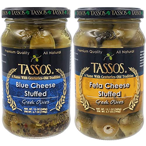Tassos Green Olives Stuffed Blue Cheese, Feta Cheese, Greek Oliv