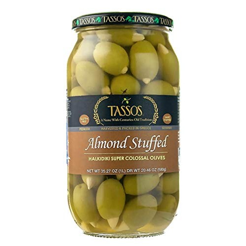 Tassos Almond Stuffed Halkidiki Super Colossal Olives 35.27 Oz