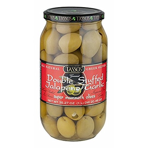 Tassos Double Stuffed Jalapeno-Garlic Super Mammoth Greek Olives