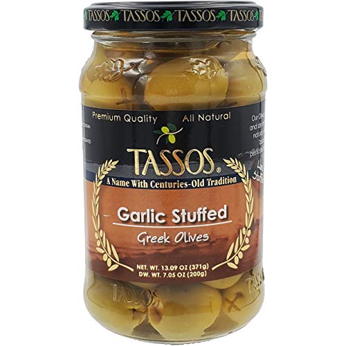 Tassos Garlic Stuffed Green Olives, Greek Olives, Net Wt 13.09 O