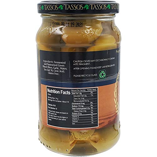 Tassos Garlic Stuffed Green Olives, Greek Olives, Net Wt 13.09 O