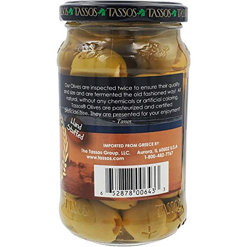 Tassos Garlic Stuffed Green Olives, Greek Olives, Net Wt 13.09 O