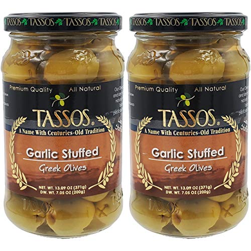 Tassos Garlic Stuffed Green Olives, Greek Olives, Net Wt 13.09 O