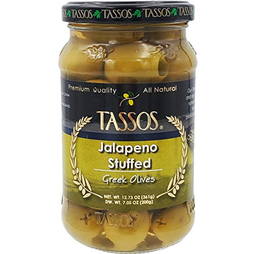 Tassos Jalapeno Stuffed Green Olives, Greek Olives, Net Wt 12.73