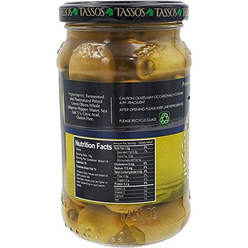 Tassos Jalapeno Stuffed Green Olives, Greek Olives, Net Wt 12.73