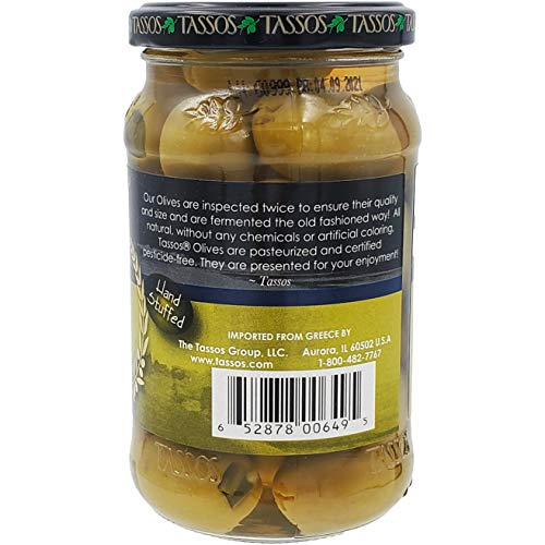 Tassos Jalapeno Stuffed Green Olives, Greek Olives, Net Wt 12.73
