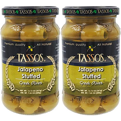 Tassos Jalapeno Stuffed Green Olives, Greek Olives, Net Wt 12.73