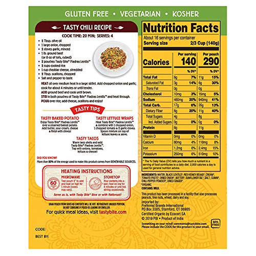 Tasty Bite Organic Vegetarian All Natural Indian Madras Lentils: