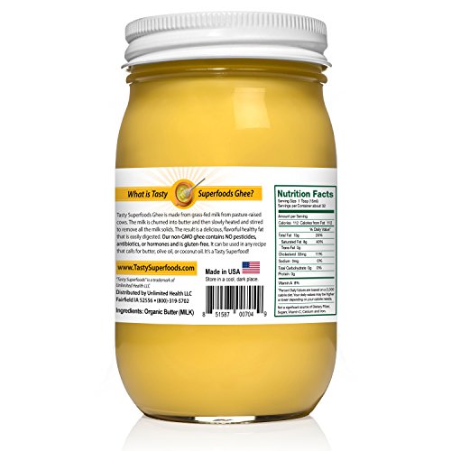 Tasty Superfoods Grass Fed Organic Ghee - Glass Jar Of Pure, Uns