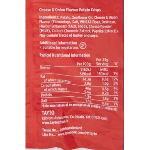 Tayto Cheese And Onion Flavour Crisps From Ireland 24X25G Packs