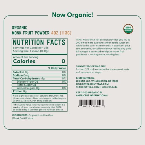 Teaki Hut Monk Fruit Extract Powder 4Oz 113G, All Natural Zero