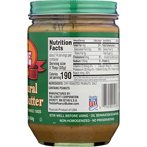 Teddie Smooth Old Fashioned All Natural Peanut Butter-16 Ounce Jar
