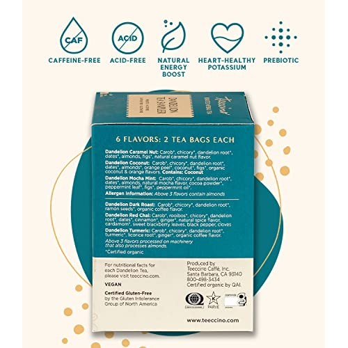 Teeccino Dandelion Tea Sampler – Caramel, Coconut, Dark Roast, M