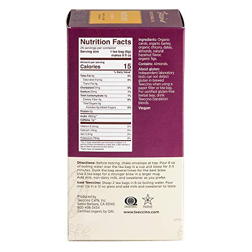 Teeccino Herbal Tea - Hazelnut - Organic Roasted Chicory Root, C