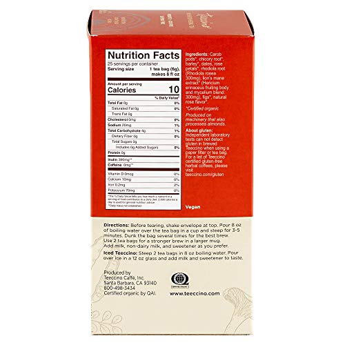 Teeccino Mushroom Adaptogen Herbal Tea – Lion’S Mane Rhodiola Ro