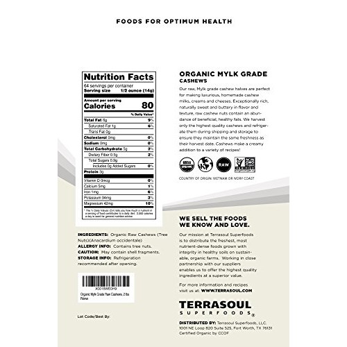 Terrasoul Superfoods Organic Raw Cashews Mylk Grade, 6 Pounds