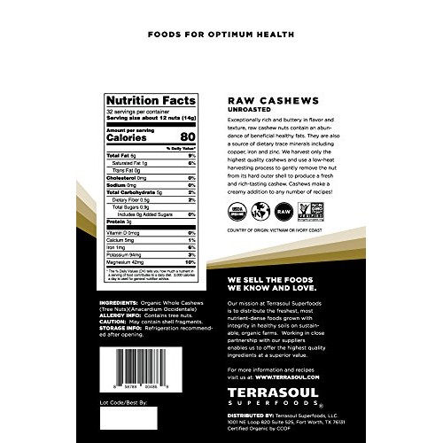 Terrasoul Superfoods Organic Raw Whole Cashews, 16 Ounce